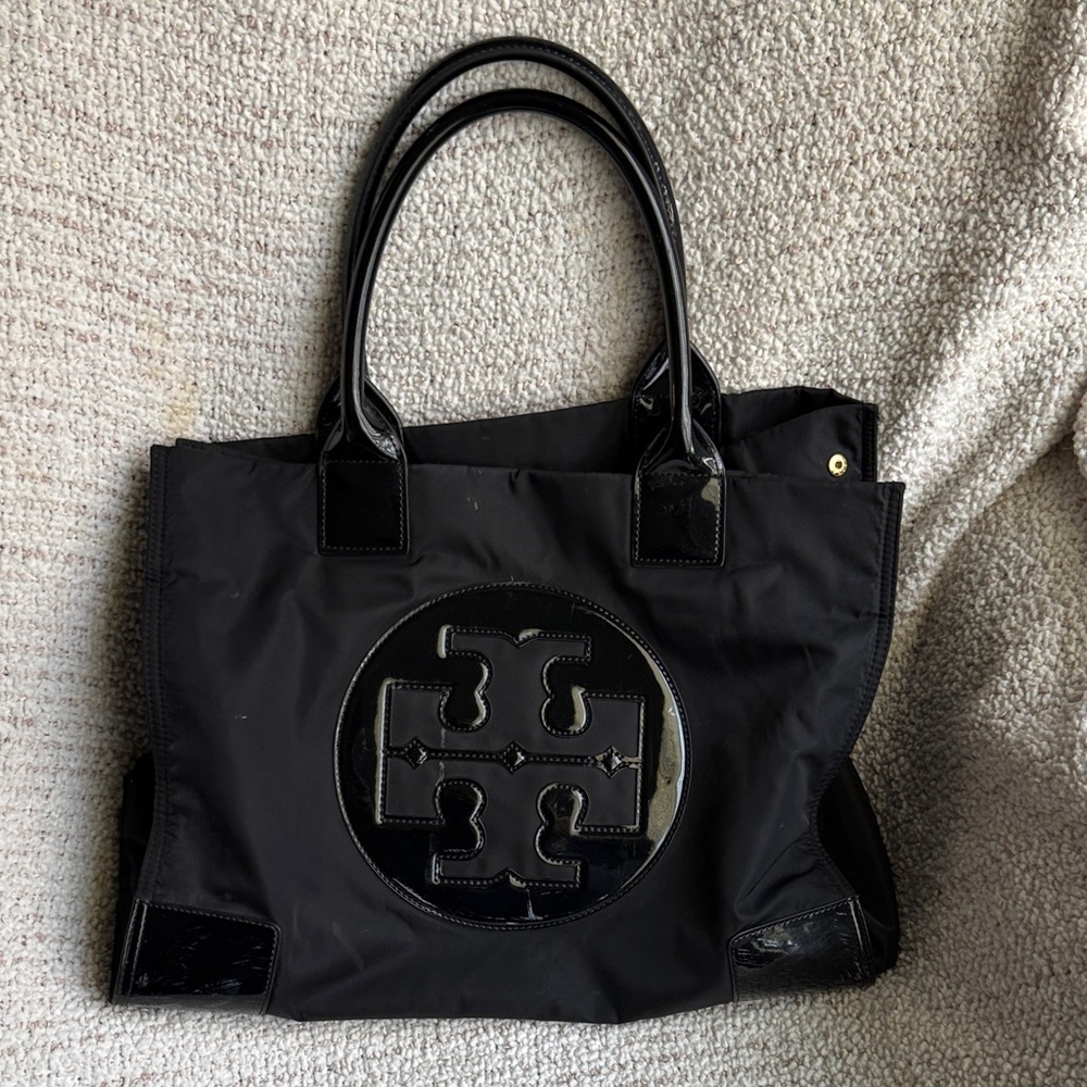 Tory Burch Black Nylon Tote with Patent Logo